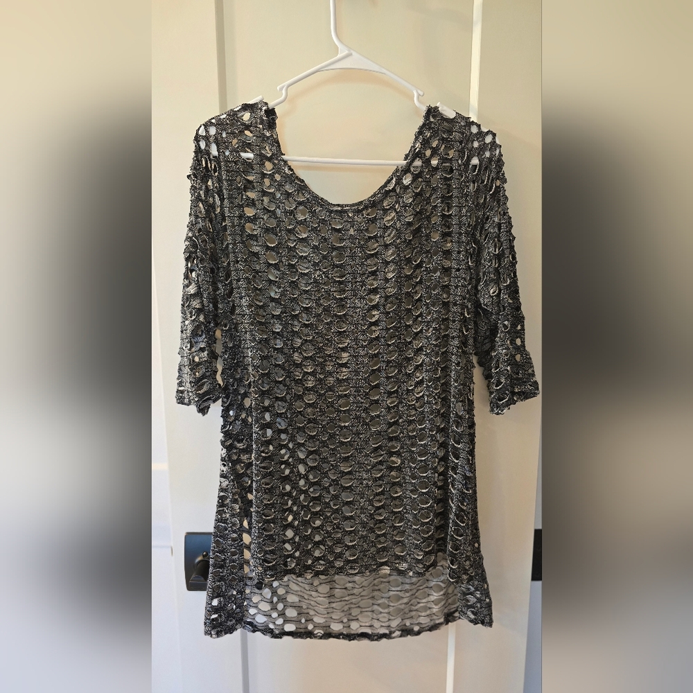 Lulu-B Charcoal Short Sleeve Mesh Hollow Out 3/4 Length Sleeve Top